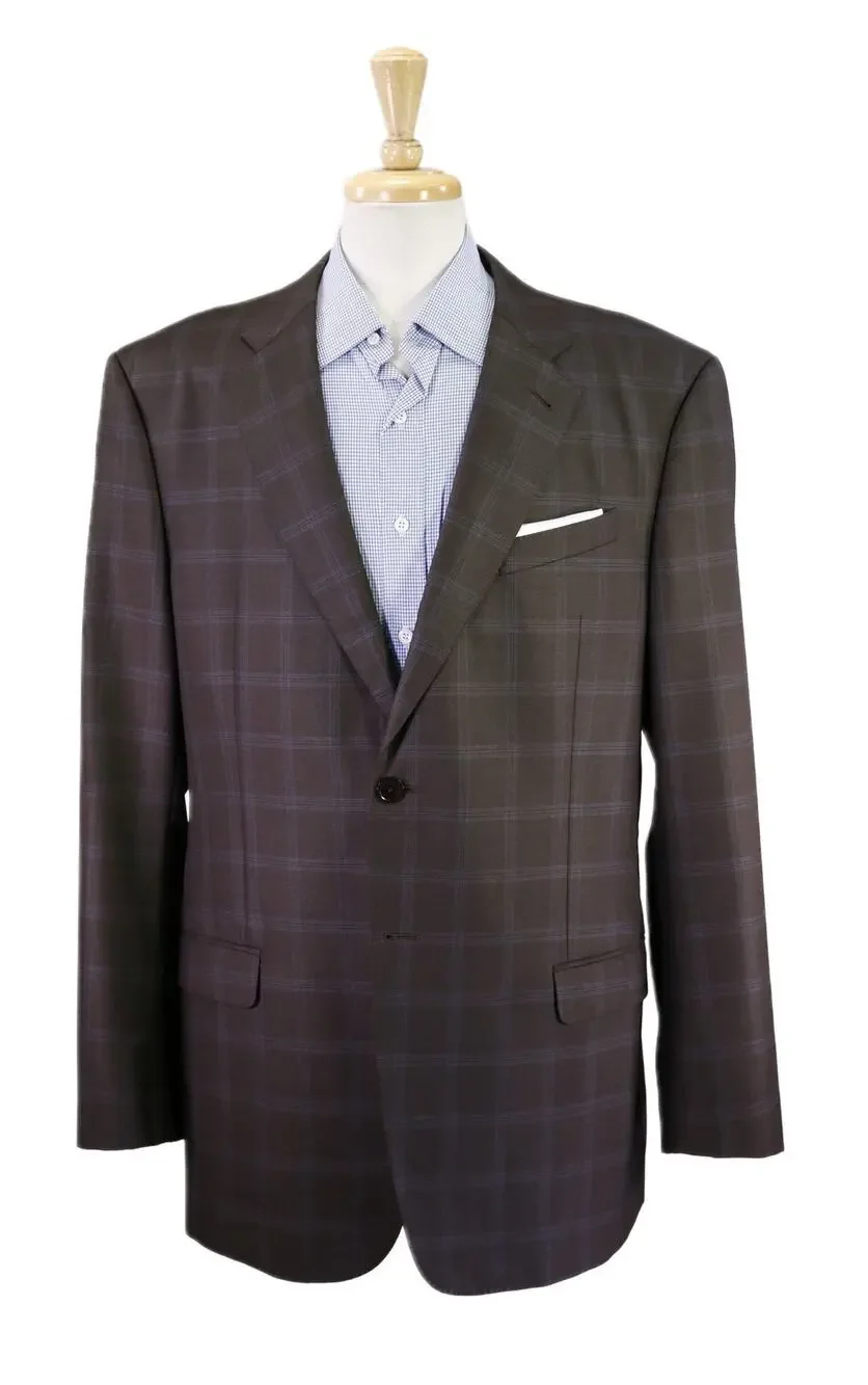 Armani Collezioni Brown w/ Sky Blue Windowpane Wool 2-Btn Sportcoat Blazer 44L
